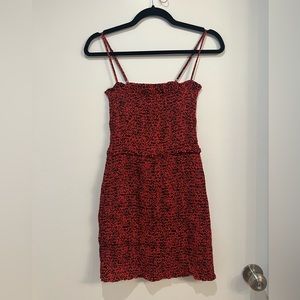 Red and black leopard smocked mini dress